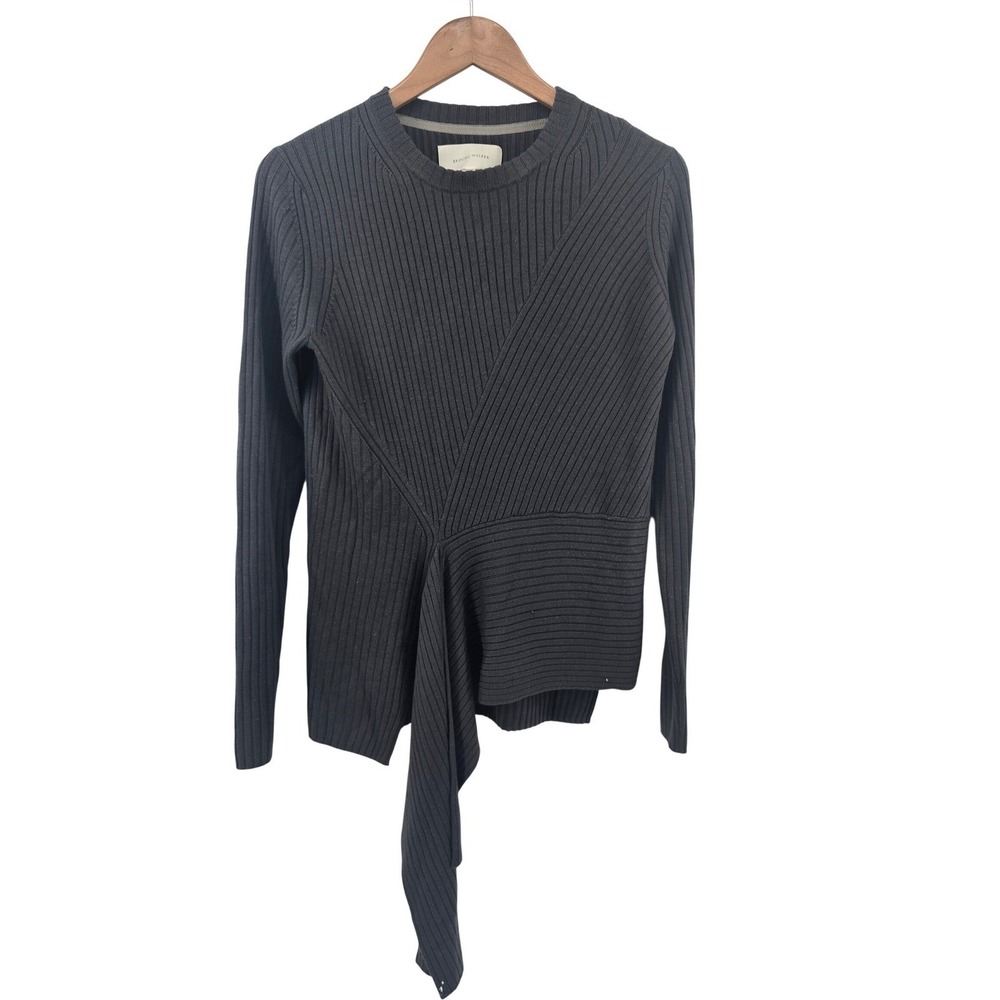 Brochu Walker Sweater Women M Gray EFM2938 100% Wool Ribbed Asymmetric Tie Front